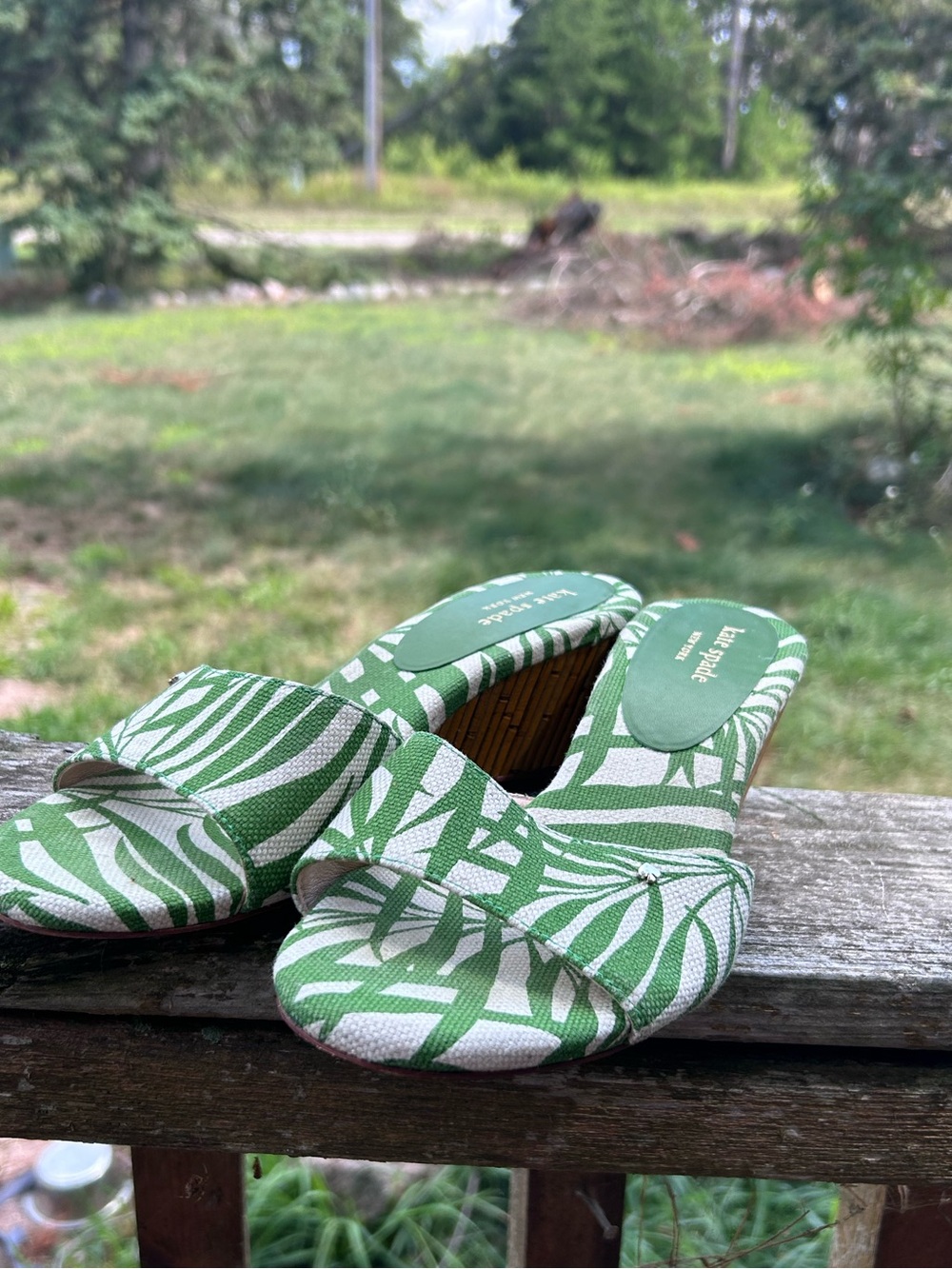 Kate Spade Meena Palm Green Canvas Bamboo Wedge Sandals Size 9 - Picture 7 of 17